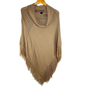 Bette Sung Cowl Neck Poncho Sweater Shawl Size S M Camel Tan with Fringe
